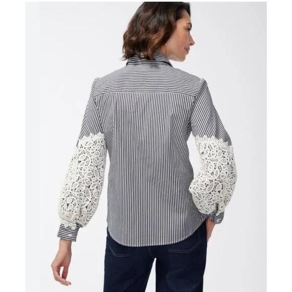 Chico's Poplin Stripe Crochet Puff Sleeve Button Front Shirt Top Blouse sz 10 US - Picture 2 of 10